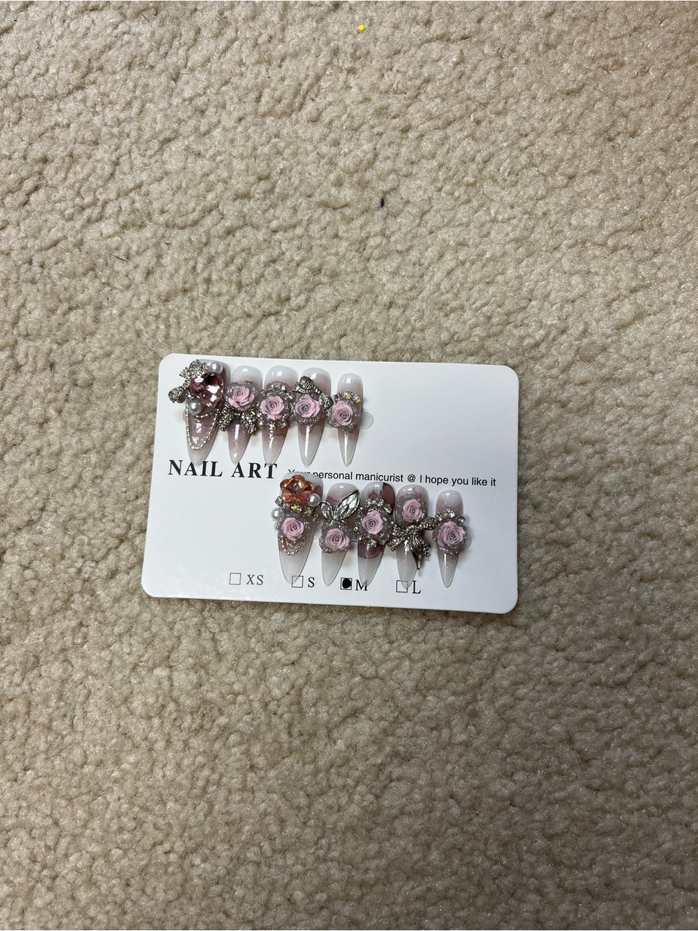 3D Pink Rose Rhinestone Press-On Nail Set